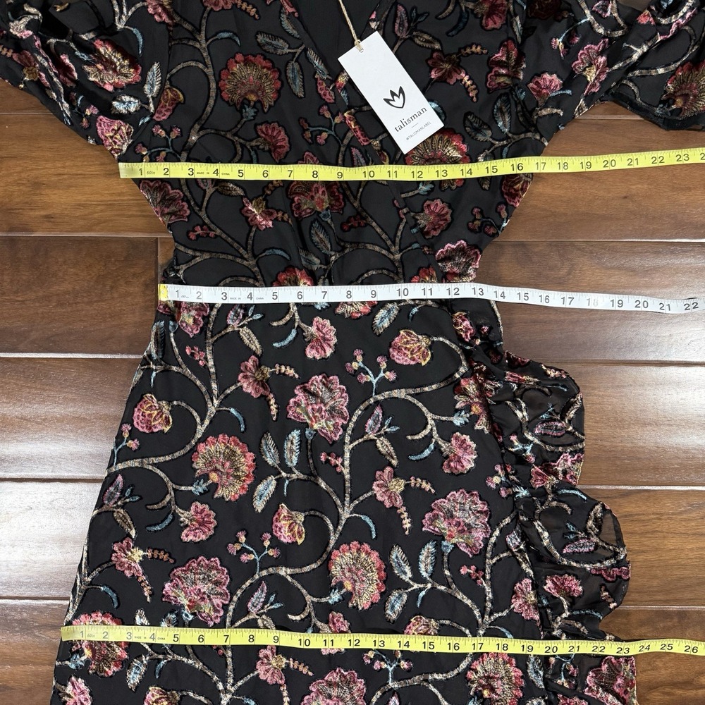 Talisman Women's Size XS Black Floral Velvet Chiffon Carly Wrap Midi‎ Dress - Picture 5 of 12